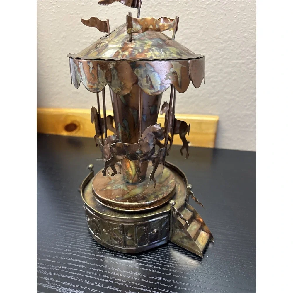 Vintage Copper Wind-Up Musical Carousel Horses 1960s MCM Works